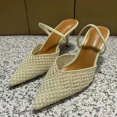 Pointed Toe High Heeled Sandals for Women Woven Mesh Design Summer Dress Slingbacks Classic White Office Lady Shoes