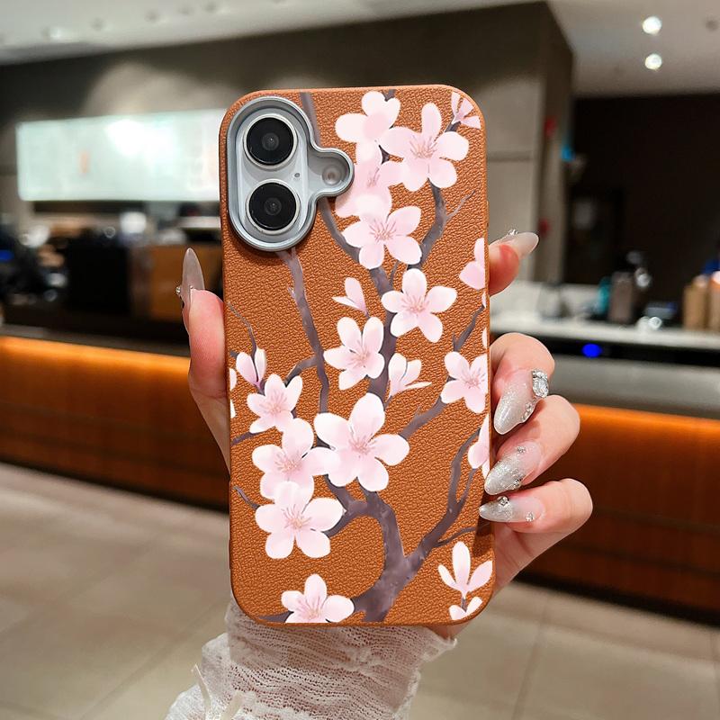 Hand-drawn Style Sakura Pattern Case For iPhone 17 Pro Max Leather Texture Soft Silicone Cover For iPhone 16 15 14 13 Pro 12 11 16E Air