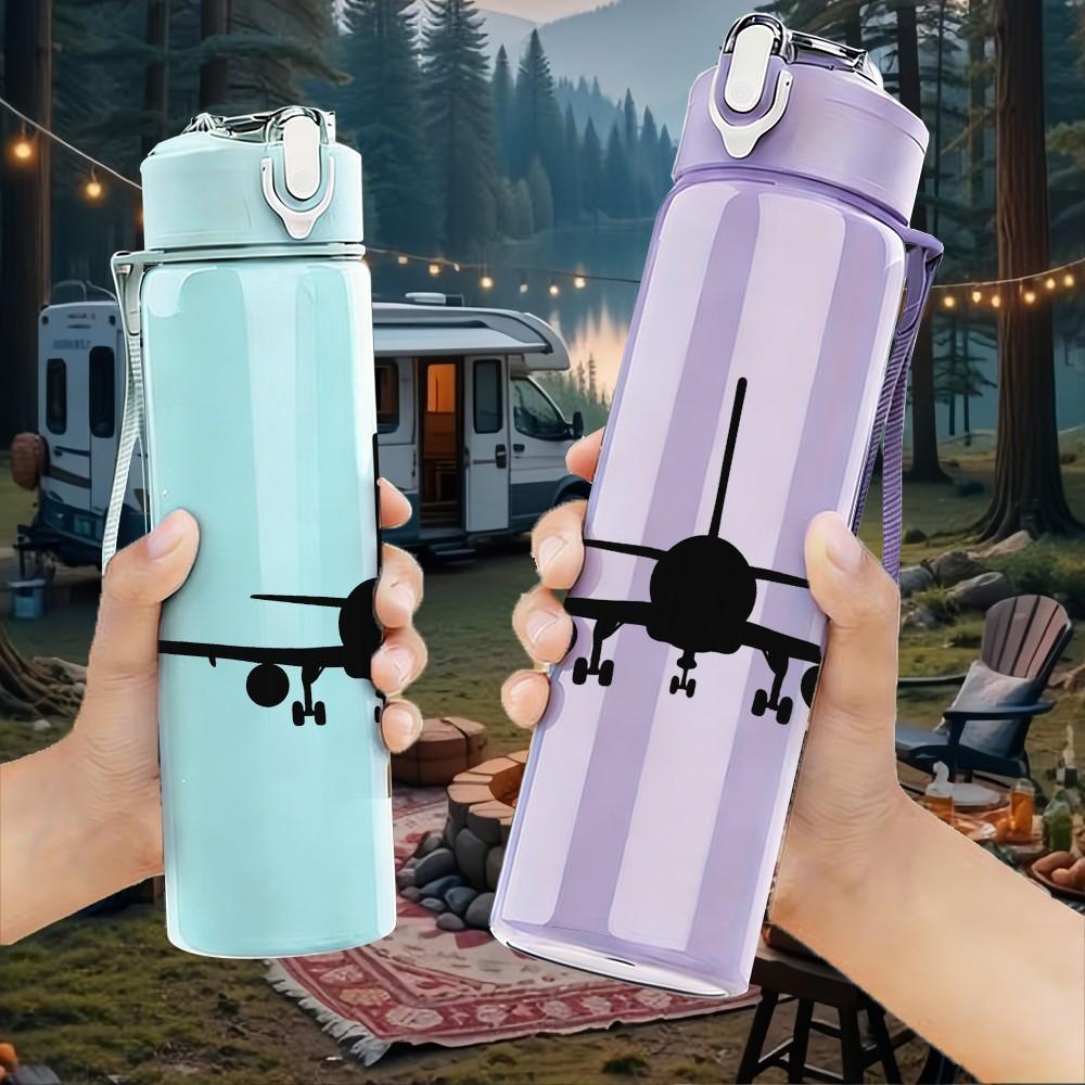 1PC Airplane Top View Silhouette Print 750ml Color Plastic Sports Water Bottle Leakproof Flip Straw Lid Suitable for Sports Office Home Use
