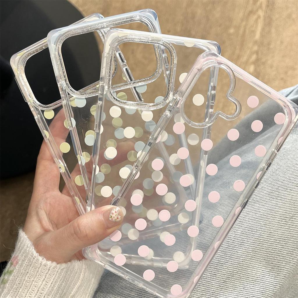iPhone 15 ProMax Case: Transparent Square Design with Colored Polka Dots, Drop Protection