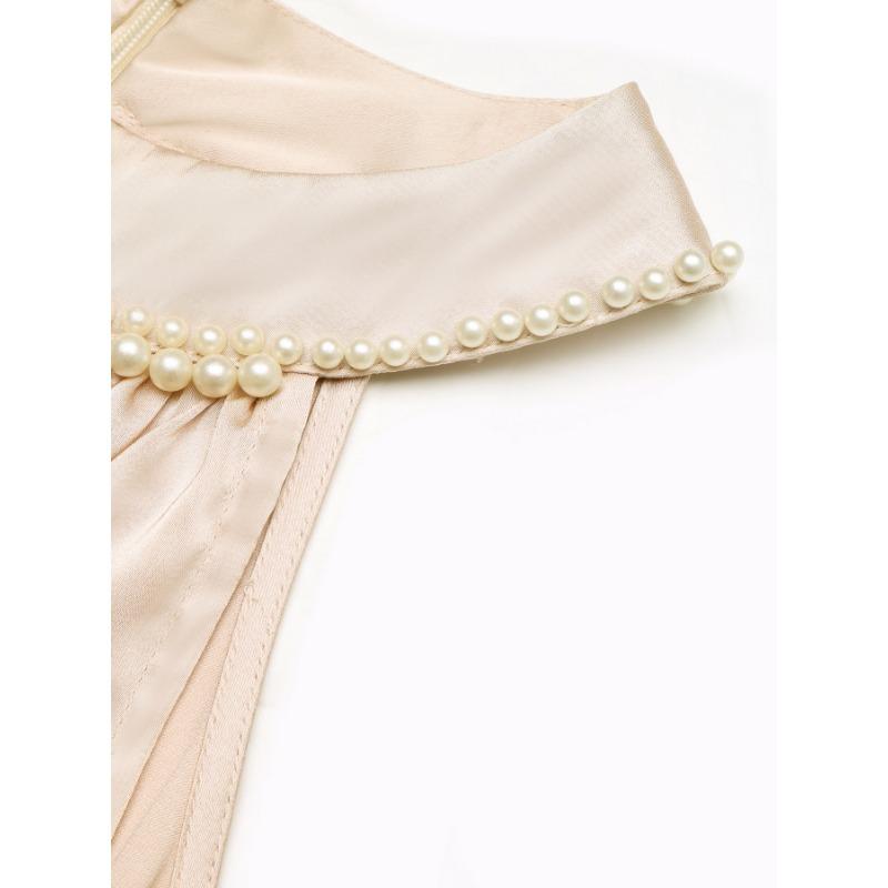 Women Champagne Solid Satin Beaded Halter Neck High Waist A Line Midi Dress
