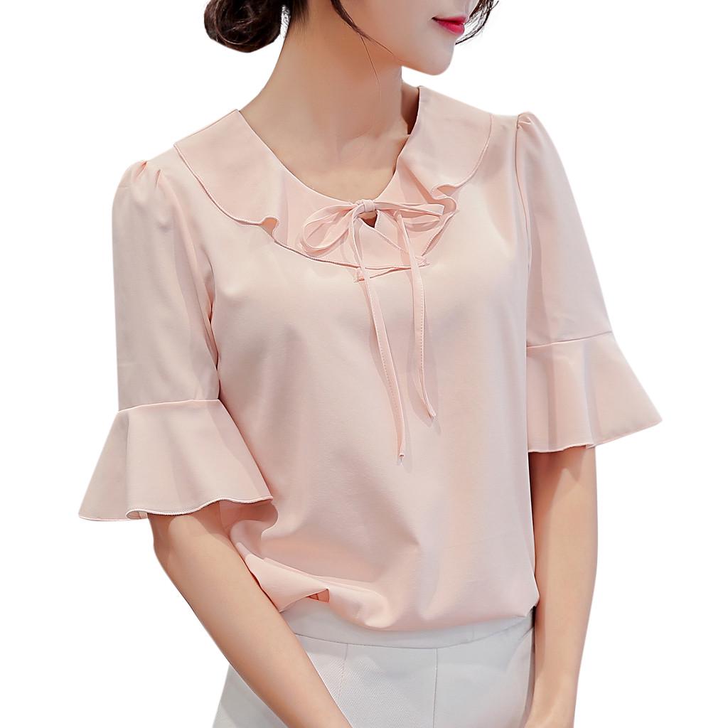 New Fashion Bows Chiffon Shirt Summer Bell Short Sleeve Korean Women Blouse Top New Fashion Bows Chiffon Shirt Summer Bell Short Sleeve Korean Women Blouse Top