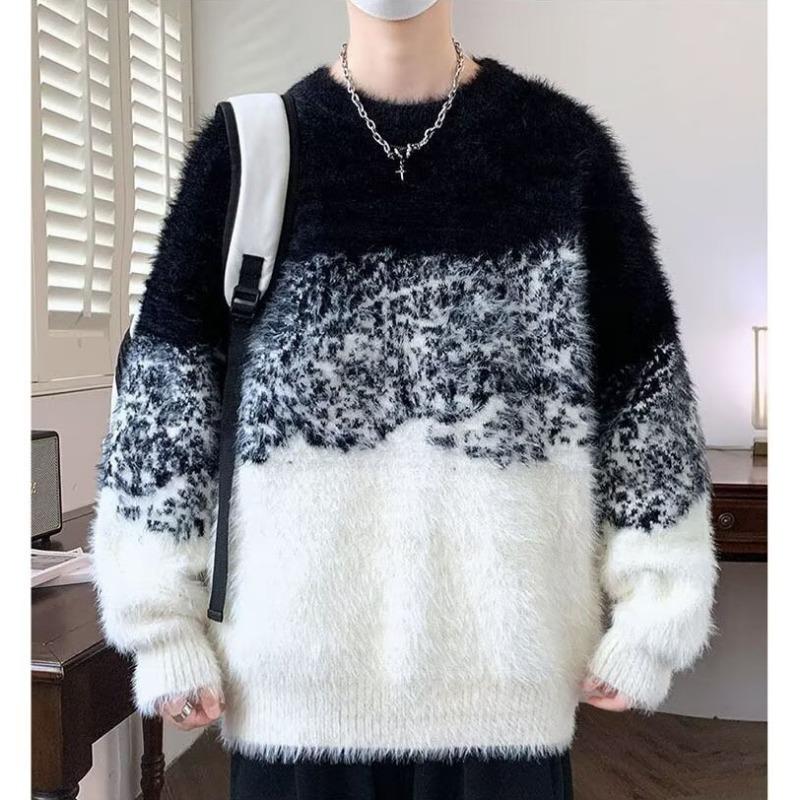 Gradient Soft Fuzzy Knit Sweater Men Round Neck Warm Autumn Winter Pullover