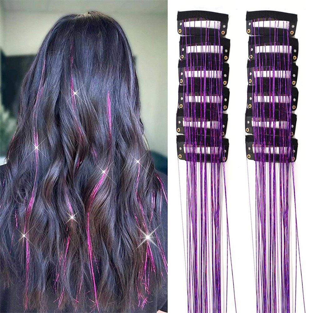 12Pcs Synthetic Hair Glitter Tinsel Hair Sparkle Hair Tinsel Kit Highlights Hair Accessories