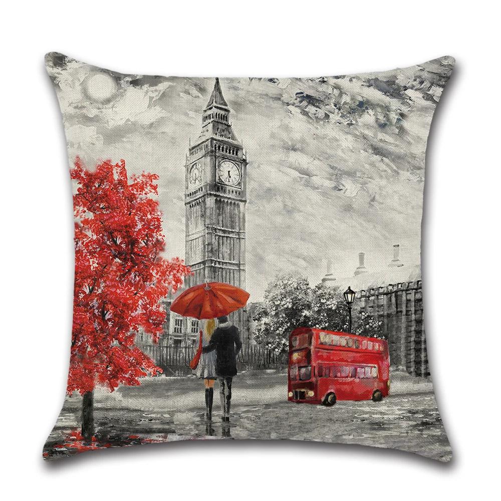 Cushion Cover 45X45Cm Throw Pillow Covers Black & Red Paris Eiffel Tower Couple Red City Landscape Decorative Pillow Cases
