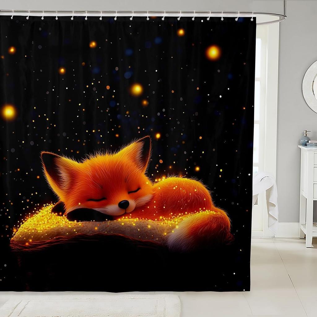 Pink Fox Shower Curtain Japanese Cherry Blossoms Bath Curtain Girls Teens Cute Cartoon Bathroom Shower Curtain Set Waterproof