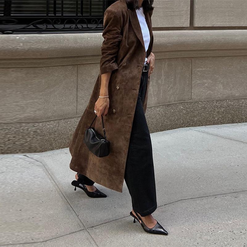 Wildleder Reversmantel Damen Winddicht und Warm Gerader Röhrenmantel Elegant Britischer Stil Pendler Oberbekleidung Herbst/Winter 2025