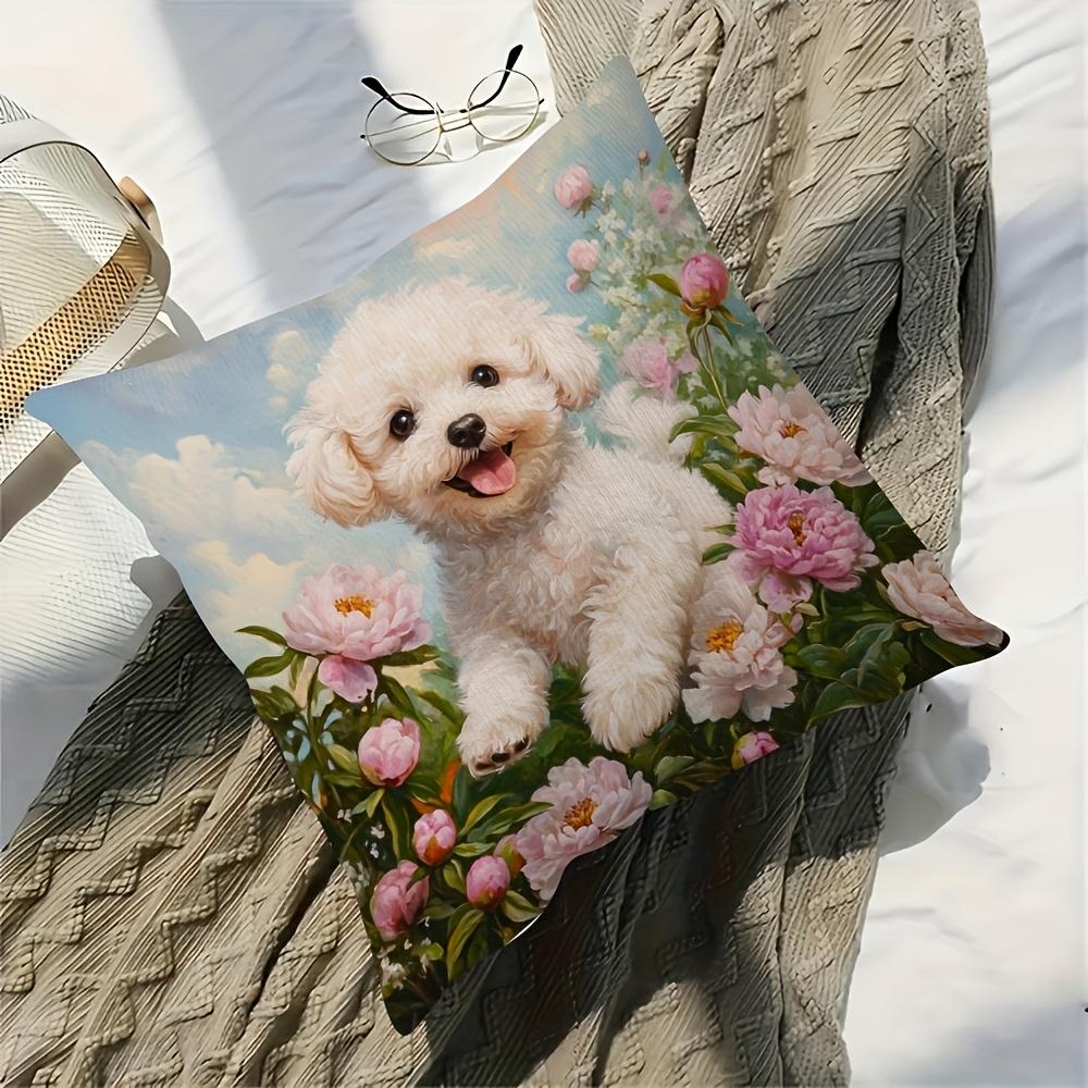 Cute White Poodle Pillow Cover Oil Painting Print Cushion Case Pet Lover Peony Flower Home Decor Gift