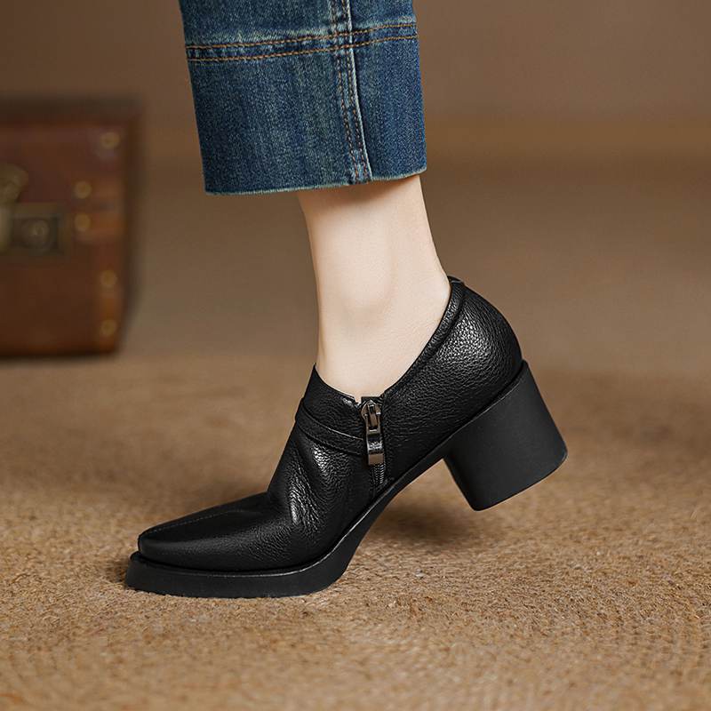 Krazing Pot Cow Skin Autumn Winter Shoes Chunky Heels Size 43 Size 42 Round Toe Zipper Deep Mouth Retro Fashion Pumps