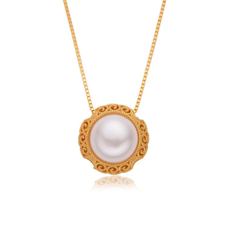 

S925 Sterling Silver Ancient Gold Inlaid With Natural Pearl Necklace Women S Niche High-End Light Luxury Sense Simple Temperament Versatile золотий