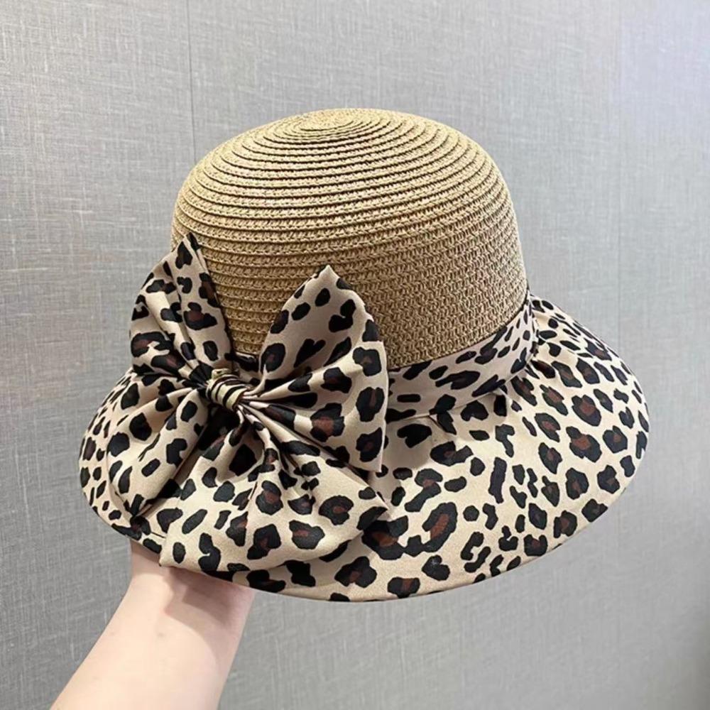 

Leopard Print Bow Straw Hat UV Protection Wide Brim Women s Sun Hat Lightweight Breathable Fisherman s Hat Summer Outdoor хакі