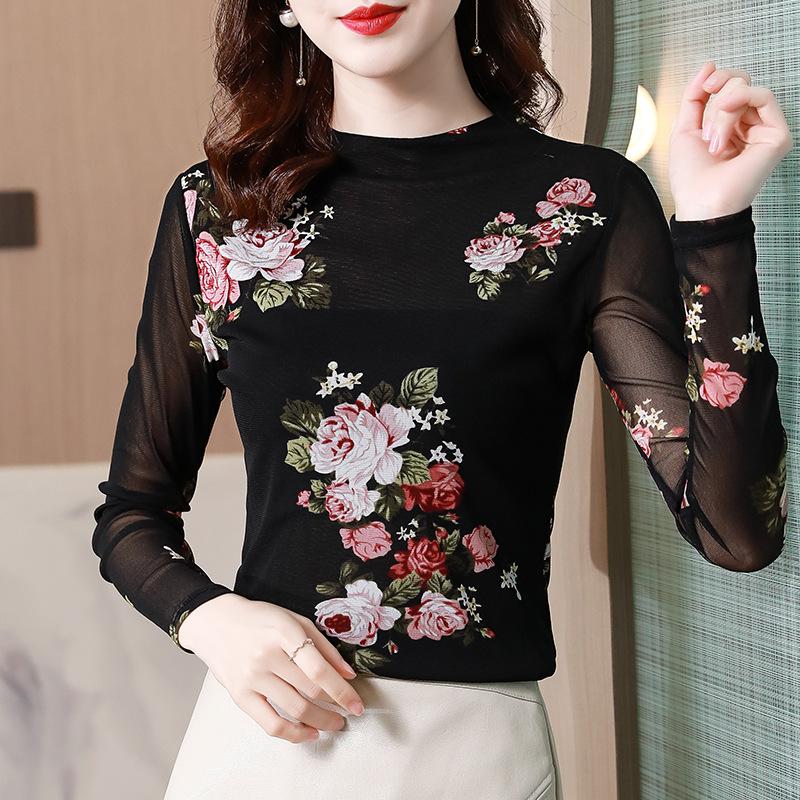 

Весна и осень Новая сетчатая верхняя водолазка нижняя рубашка женская тонкая пряжа большого размера универсальная футболка с длинным рукавом 4XL