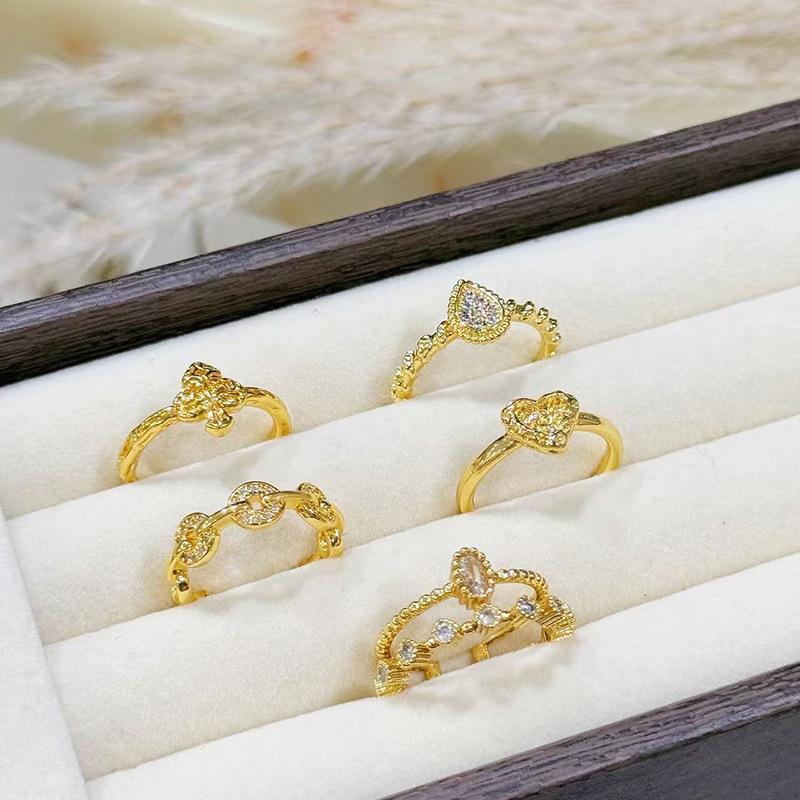 Medieval Vintage Water Drop Zircon Hammer Pattern Love Copper Coin Open Ring Personality Niche High Sense Ring Woman