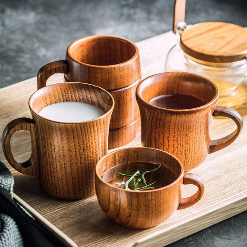 Wooden Cups Handmade Wood Handle Cups Handle Beer Coffee Milk Tea Mug Handmade Natural Kitchen Bar Drinkware Cup