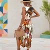 Women Plus Size White Sleeveless U Neck Halloween Ghost Pumpkin Printed Dress High Side Slit Curved Hem