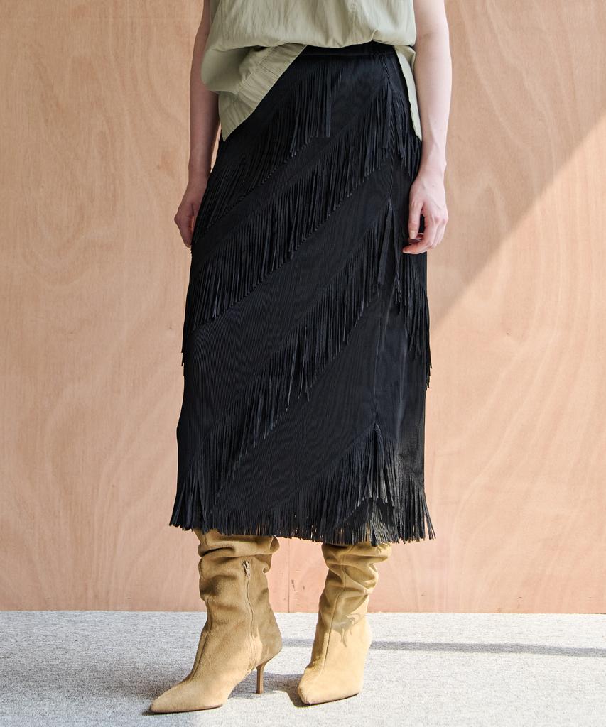 Maja Diagonal Fringe H-Line Elastic Waist Long Skirt