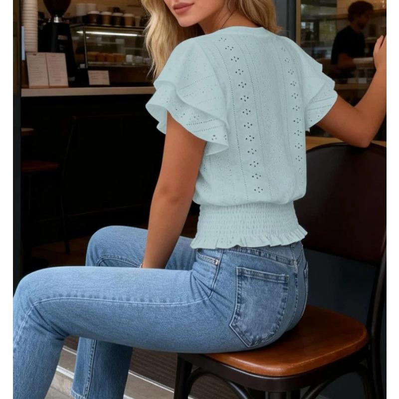 Women Round Neck Eyelet Embroidery Ruffle Sleeve Smocked Waist Casual Blouse Tops