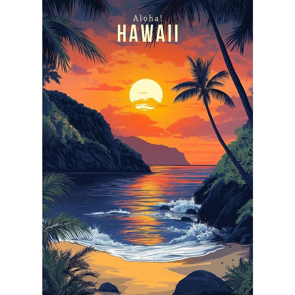 Hawaii Travel Posters Oahu Waikiki Sunset Vintage Tropical Prints Beach Ocean Canvas Painting Wall Art Pictures Home Room Decor