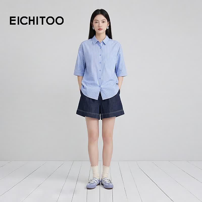 EICHITOO Women's Light Blue Striped Mid-Sleeve Lapel Shirt