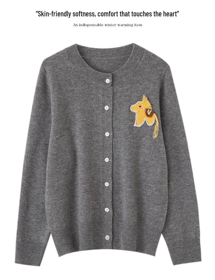 Women's 100% Wool Jacquard Knit Cardigan - Loose Round Neck, Cashmere Blend