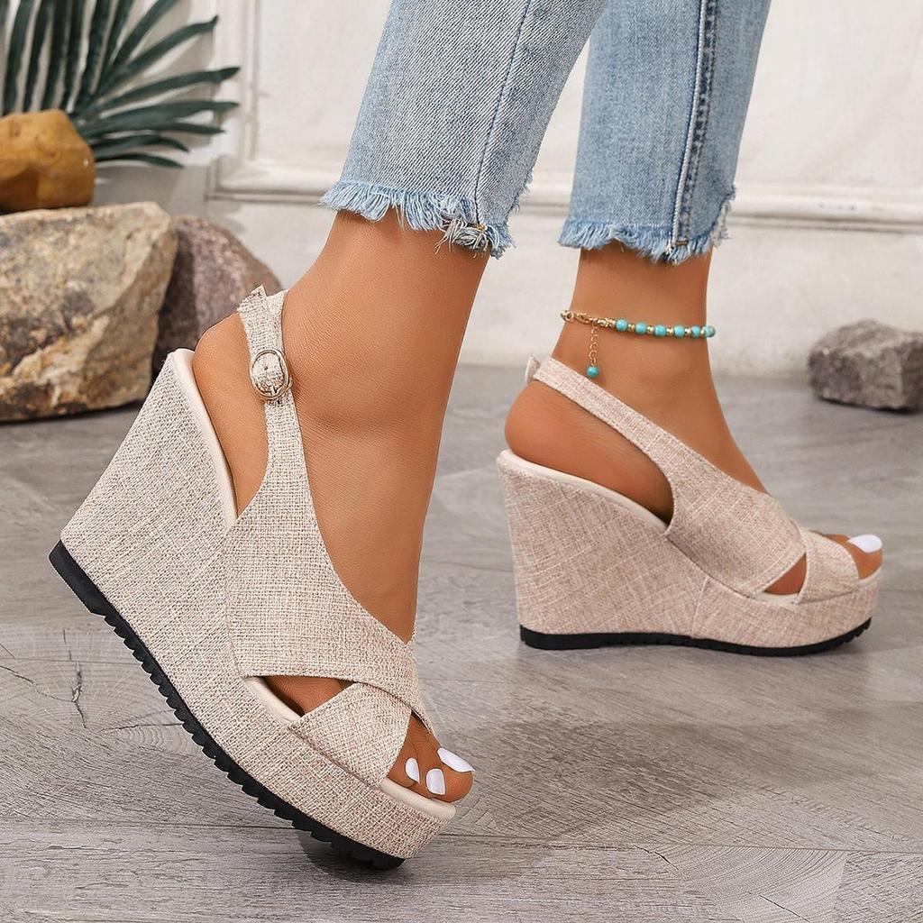 Thick-soled Wedge Sandals Women's  Large-size Denim Cross-buckle One-word with Cool Slippers Women