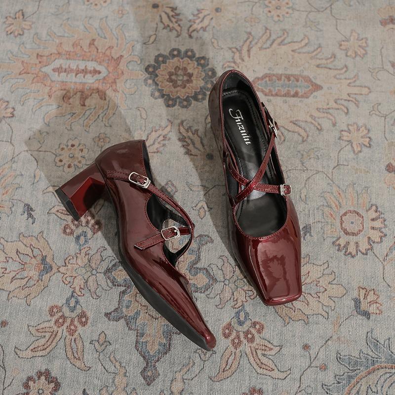 Cross-buckle Spring New Mary Jane Women's Shoes Square Head Retro Silver Thick Heel Light Mouth Versatile Single Shoes