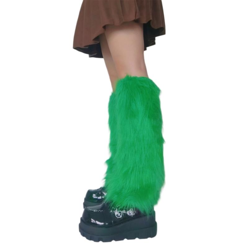 Women Girls Japanese Style Solid Green Plush Leg Warmer Aesthetic Punk Fuzzy Thickened Boot Cuffs Leg Cover Long Sock