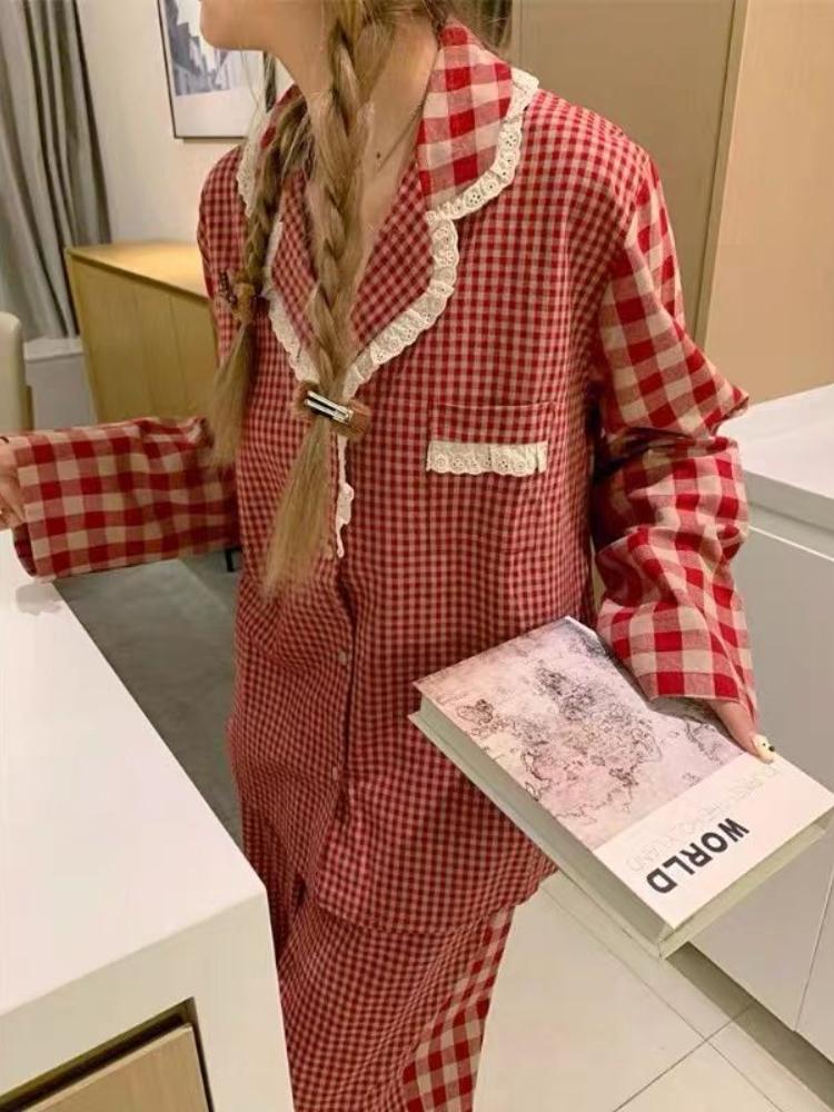 Rødrutete pyjamassett Dame Vår Høst Søt Hjemme Casual Langermet Nattøy Mote Alt-match Vintage Klær Myk