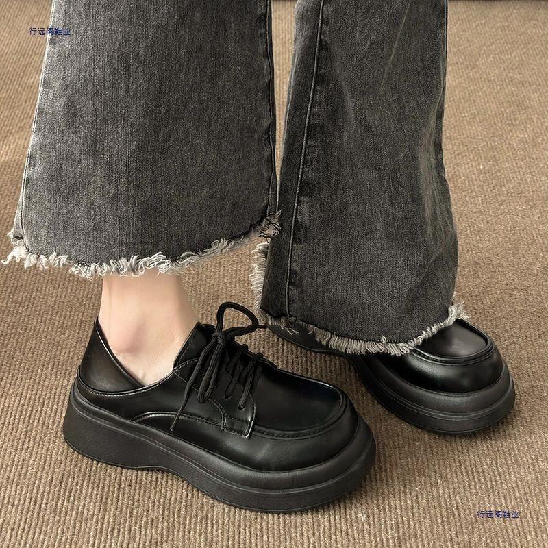 3543 Wind Small Leather Shoes Women's 41 Retro Big Head Shoes Muffin Platform Lace-up Student Single Shoes 42