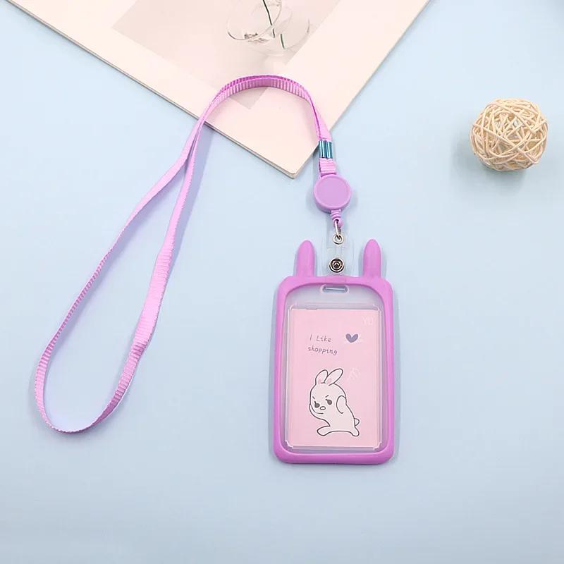 

Women Girls Bus ID Access Card Holder with Retractable Reel Lanyard Cute Cat Rabbit Pattern Bank Credit Cards Protecting Covers