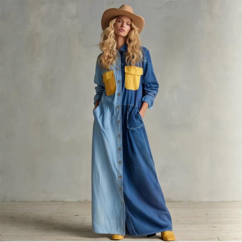Vintage Americana Patchwork Denim Midi-Kleid Mit Taschen Knopfdetail Lockerer Schnitt