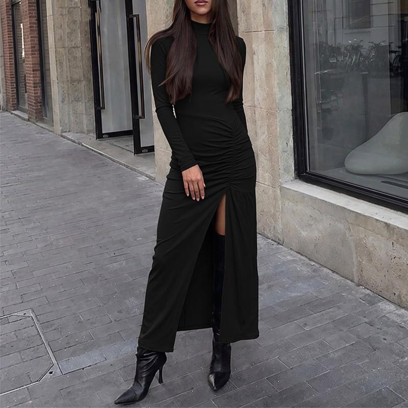 Womens Knit Long Sleeve High Neck Bodycon Midi Dress With Side Slit Casual Winter Outfit