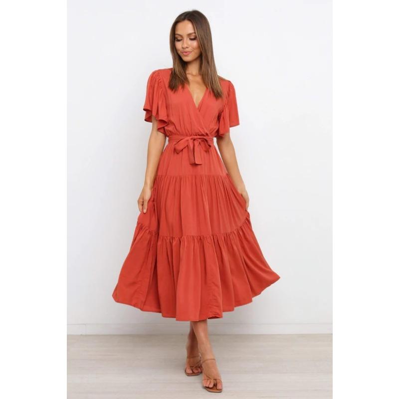 New v-neck commuter solid color short-sleeved waist dress, bohemian dress