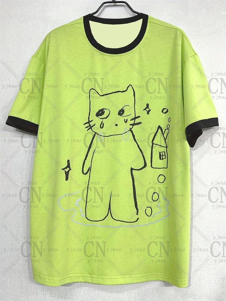 2026 Damen Y2k Retro Koreanische Mode T-Shirt Schnitt Katze Grafik Kurzärmelig Modisch Streetwear Sommer Herren Damen T-Shirts