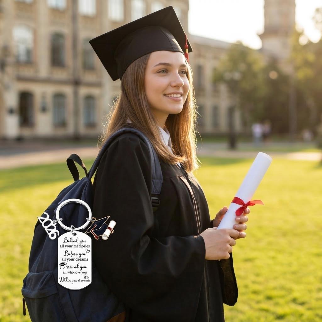 Stainless Steel Graduation Keychain 2026 Graduation Gift with Engraved Inspirational Words and Graduation Cap Pendant for Students