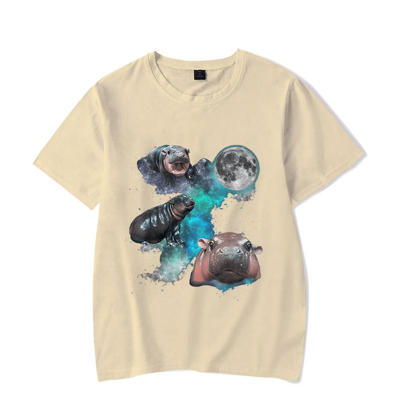 Ladies' Loose Casual Fun Moo Deng Bouncing Pig Print Pure Cotton Short Sleeved Top T-Shirts Women’s