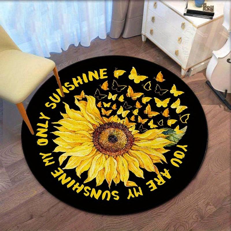 Round Crystal Velvet Rug Sunflower With Butterflies You Are My Sunshine Quote Black Background Round Area Rug Home Decor 60cm