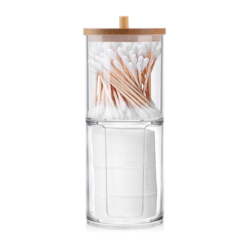 1 Pcs Cotton Swab Organizer Storage Bamboo Cover Acrylic Round Organizer Makeup Storage Box Container Organizadores