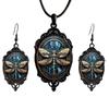 Vintage Dragonfly Pendant Necklace and Earrings Set Oval Frame Stained Glass Style Jewelry with Intricate Metalwork and Adjustable Cord for Women