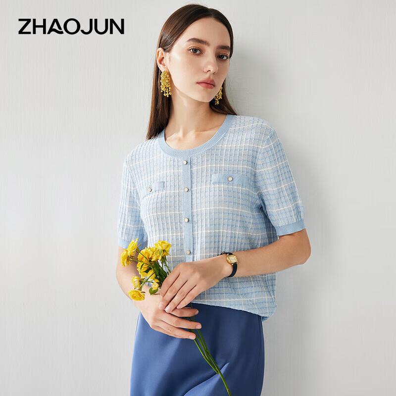 Zhaojun Women s Mulberry Silk Plaid Knit Short Sleeve Top XL
