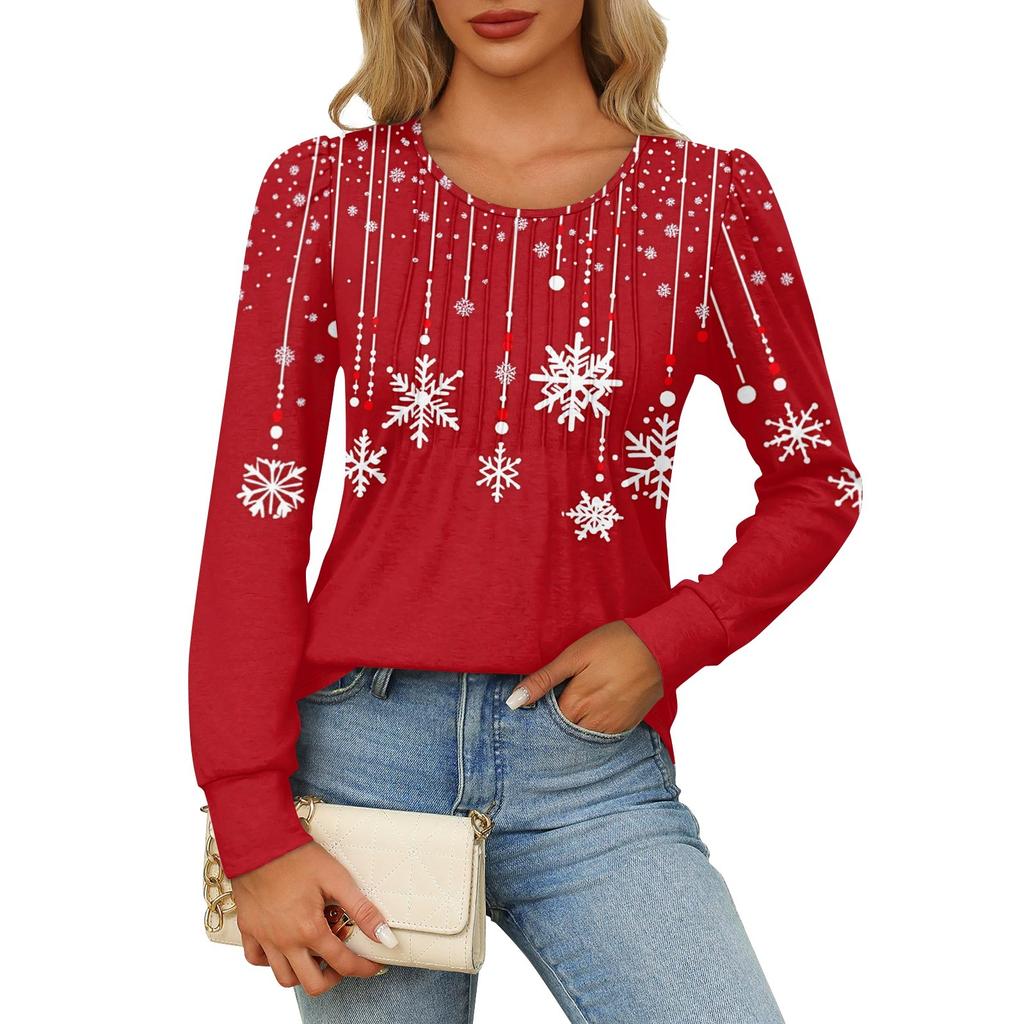 Long Sleeve Shirts For Women Cute Print Graphic Tees Blouses Dressy Casual Blouses Pleated Scooped Neck Tunic Tops Christmas