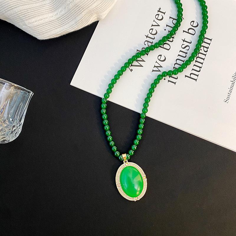 New Chinese Emerald Lucky Pendant Necklace Long Wild High-Grade Sweater Chain Simple Fashion Hanging Piece Pendant