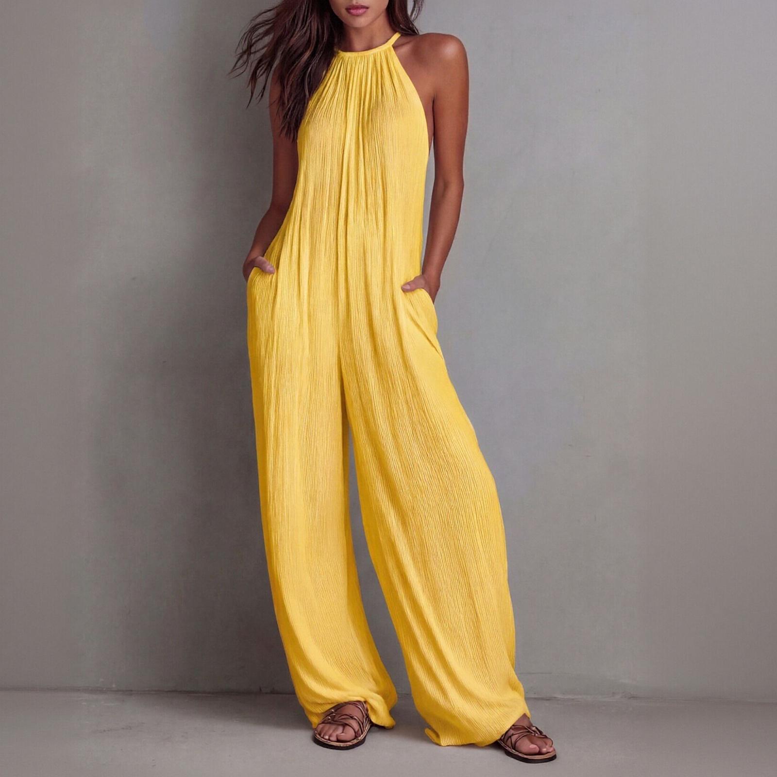 

Women’s Casual Loose Fit Pleated Backless Wide Leg Jumpsuit with Sleeveless Design and Relaxed for Everyday Wear XL жовтий