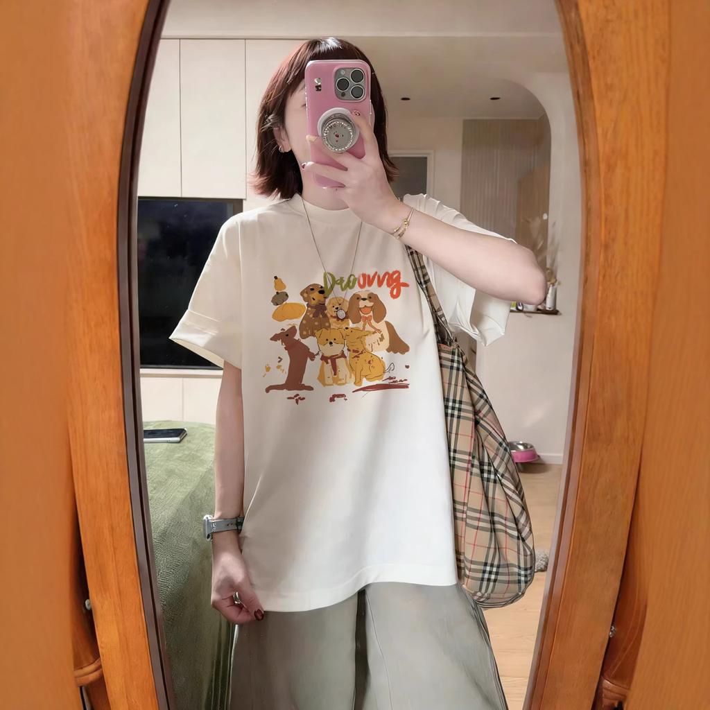 Women Cute Dog Graphic Print Cotton Short Sleeve T-Shirt Loose Oversized Round Neck Basic Tee Plus Size Casual Summer Tops
