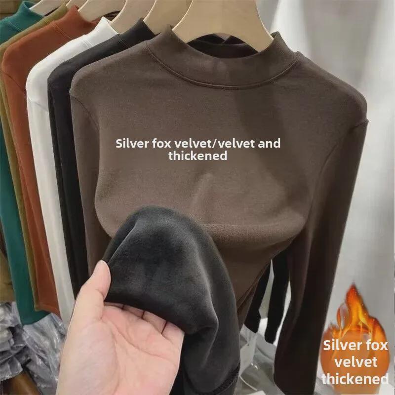 Women's Silver Fox Velvet Winter Warm Long-Sleeve Turtleneck Slim Fit Top