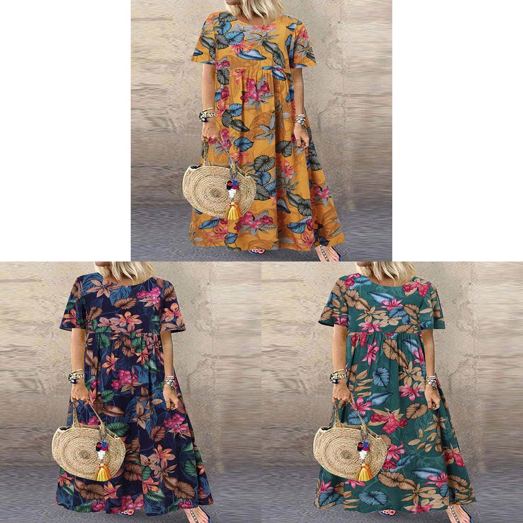Vintage Floral Print Long Dress With Round Neck And Short Sleeves For Casual Summer Wear