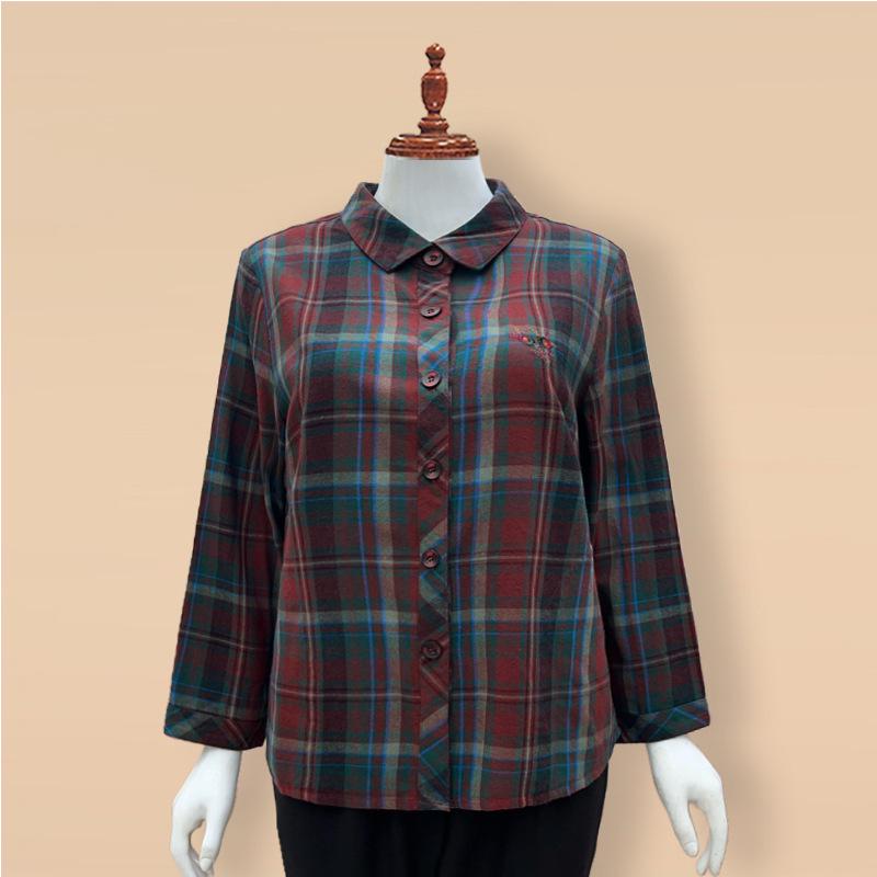 Genuine Autumn Long Sleeve Plaid Cotton Shirt for Middle-Aged & Elderly Women