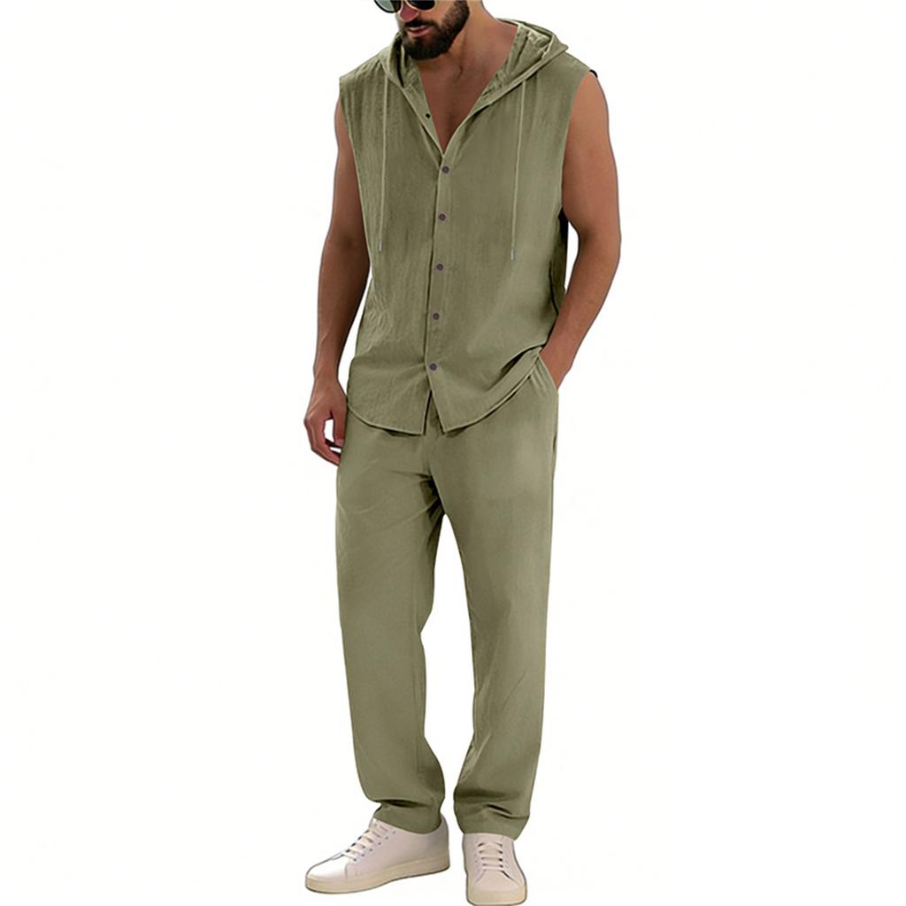 Completo casual da uomo con gilet senza maniche con cappuccio e pantaloni
