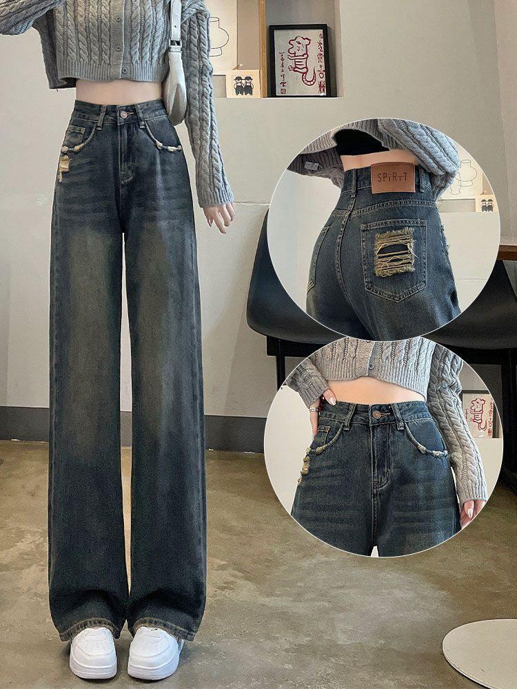 Retro Cement Gray High Waist Plus Size Ripped Slimming Straight-Leg Trousers for Spring and Autumn
