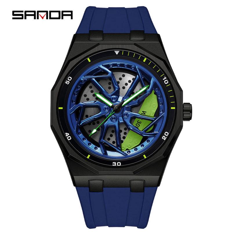 Sanda Men's Waterproof Alloy Car Wheel Design Silicone Wristwatch